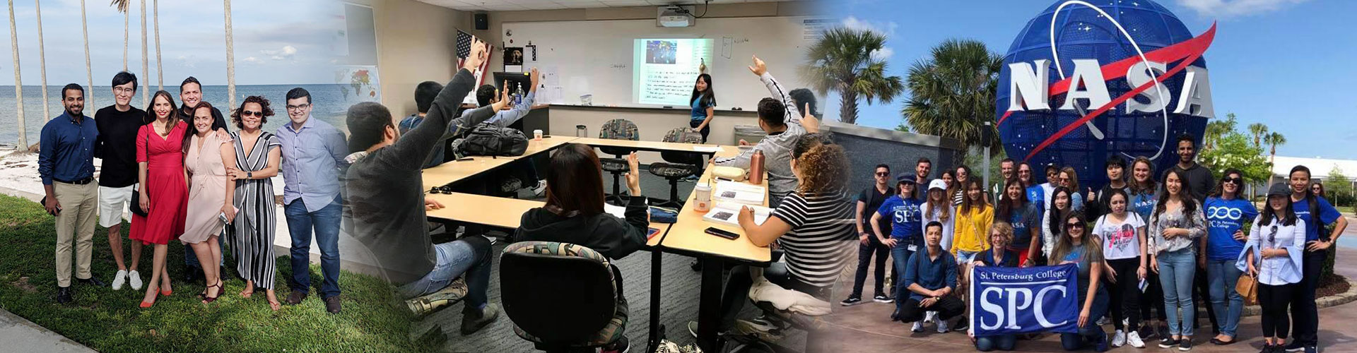 collage of students standing on a beach, seated in a classroom, and at Cape Canaveral