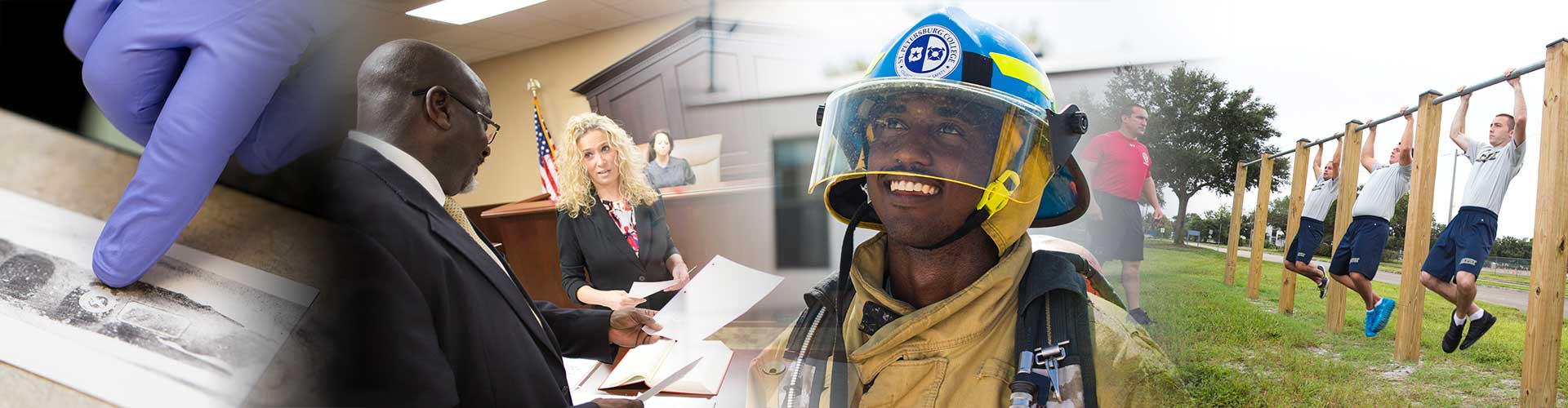 photo of a person's purple gloved hand touching a fingerprint silde, three people in a courtroom, a male firefighter wearing a helmet and three cadets doing pull ups