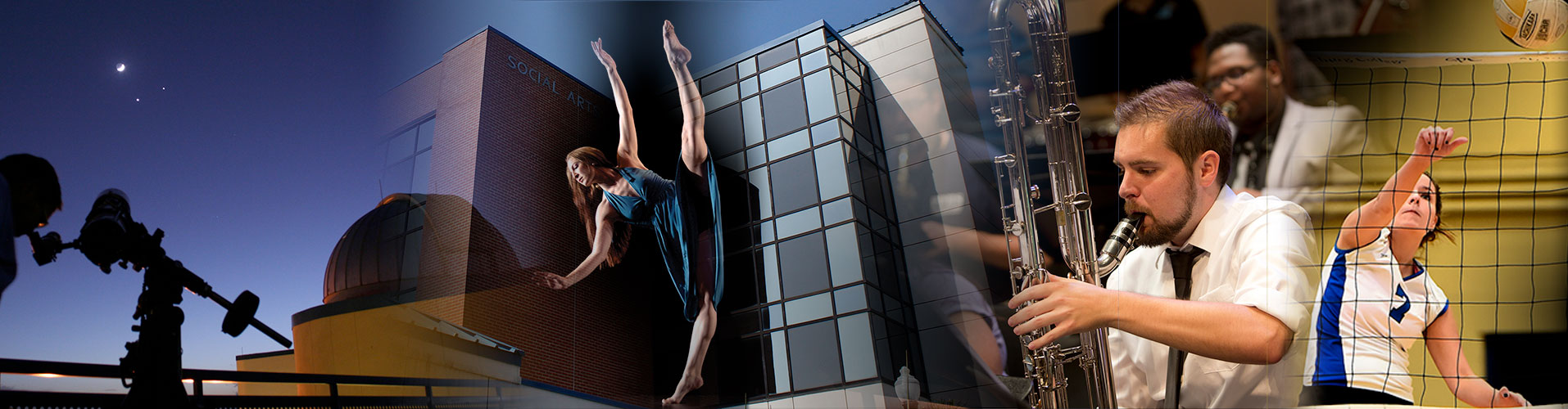 collage of observatory on a rooftop, a female dancer, a male student playing an oboe and a female volleyball player