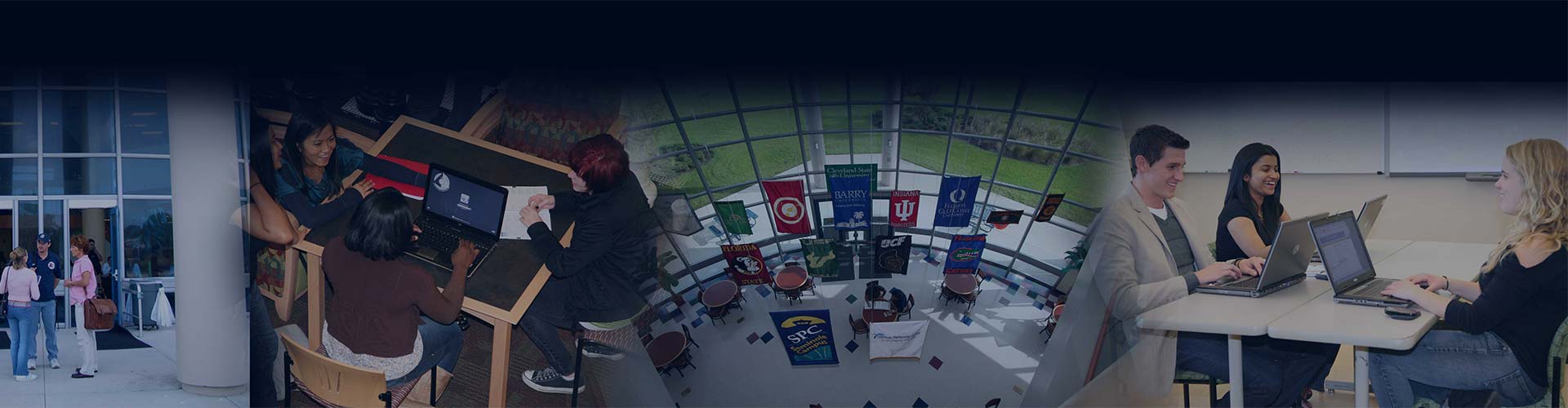 A collage of three students conversing and standing in the entryway of a campus building; three students sitting at a table, laughing; a view of the Seminole Campus UP building common area from upstairs, showing many different college banners; three students sitting at a table, working on their laptops.